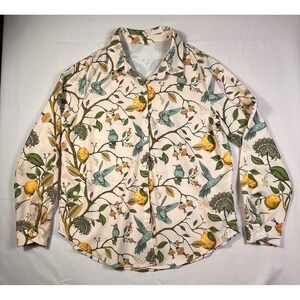 Womens L Hummingbird Lemon Botanical Button Front Blouse Long Sleeve
